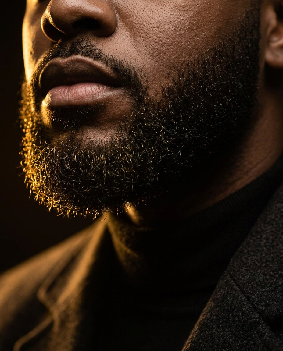 Close up of a dense full beard with a sharp cheek line under warm gold light