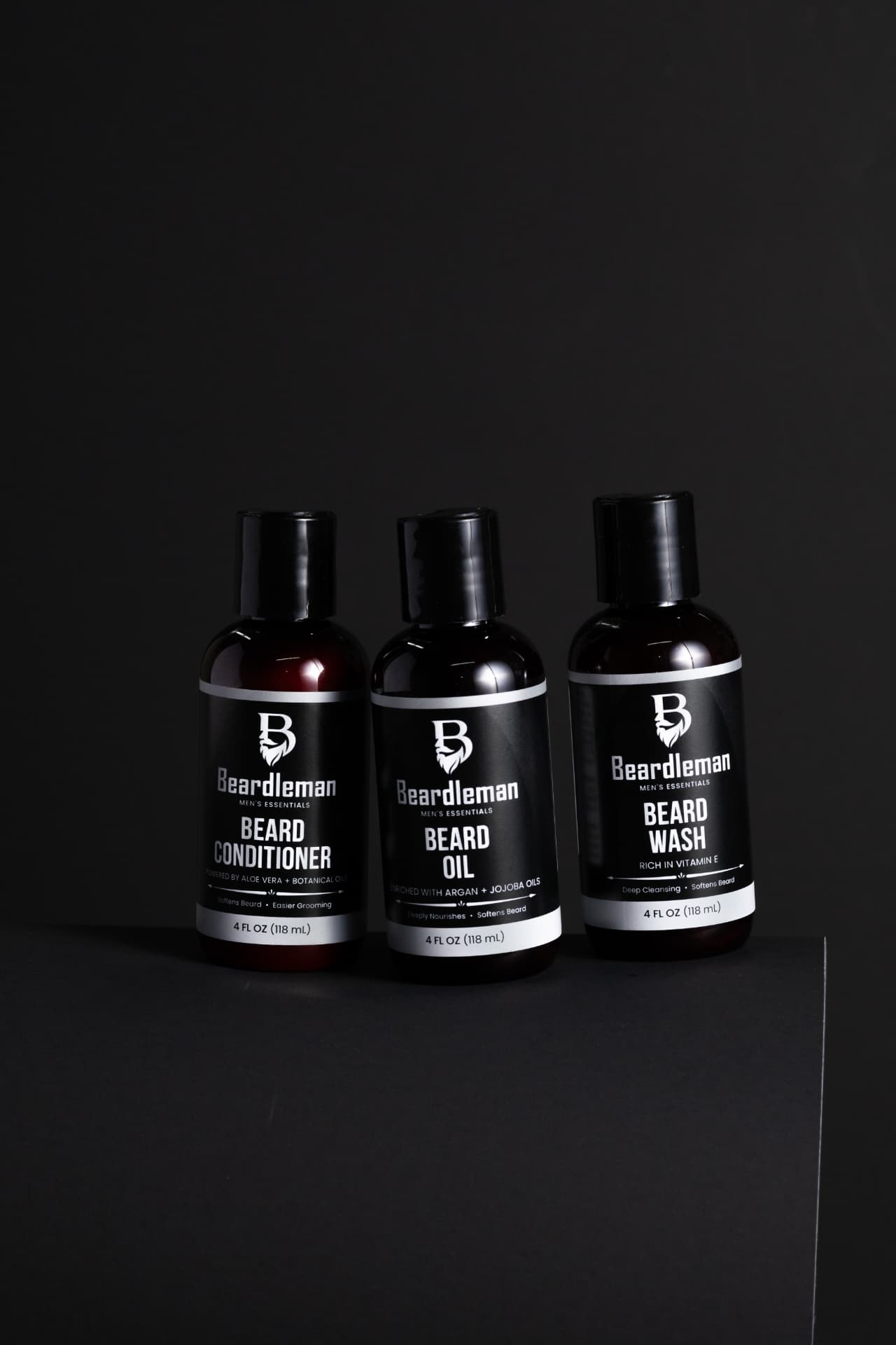 Complete Beardleman beard care collection photographed in the studio